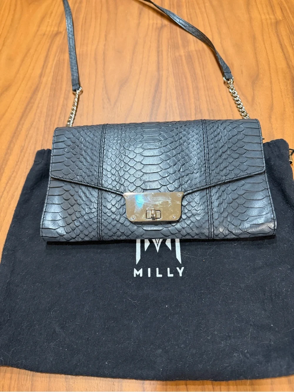 MILLY Charcoal Gray Snake-Embossed Leather Envelope Clutch with Silver *NWOT